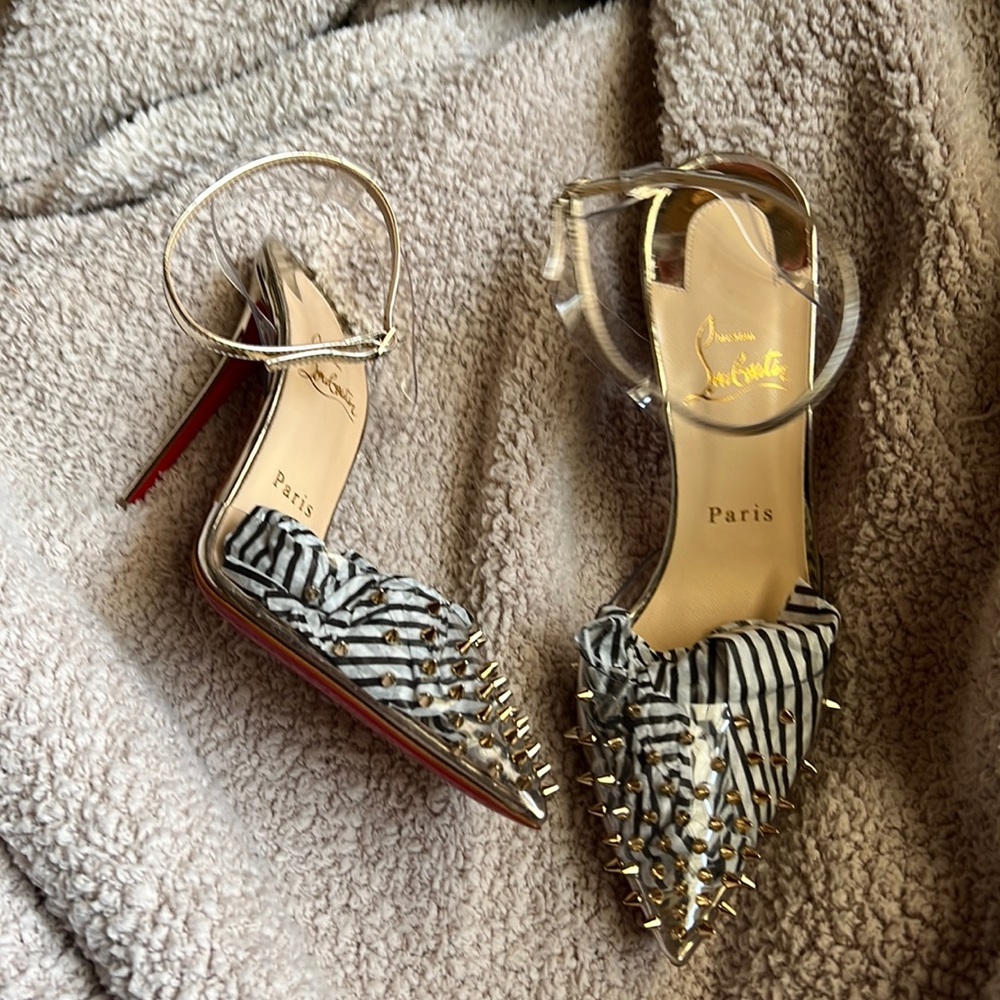 Christian Louboutin, studded clear pointy toe heels. Sz. 38.5